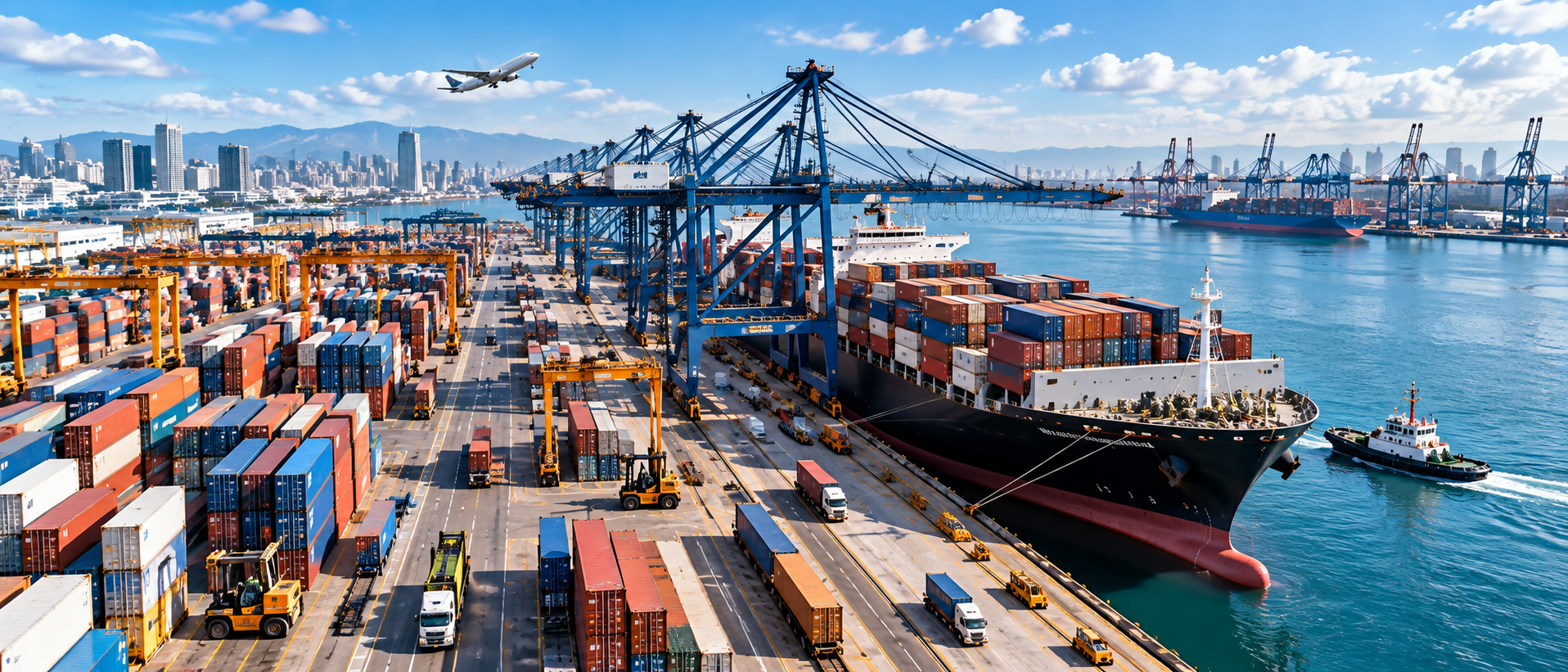 Global trade vessel, port and international shipping network